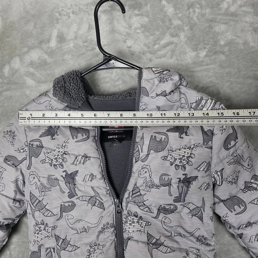Kids SwissTech Dinosaur Puffer Jacket Hooded‎ Sherpa Lined Gray 5T